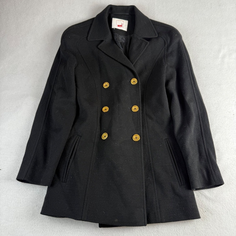 Mondi Black Virgin Wool Blend Double Breasted Pea Coat Gold Buttons Size 34